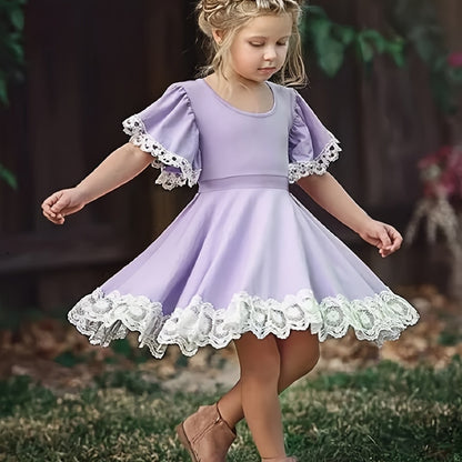 Toddler Girls Butterfly Sleeve Contrast Lace Trim Princess Dress For Party Beach Vacation Kids Summer Clothes