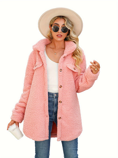 Antmvs Solid Button Front Teddy Coat, Casual Long Sleeve Winter Warm Outerwear, Women's Clothing
