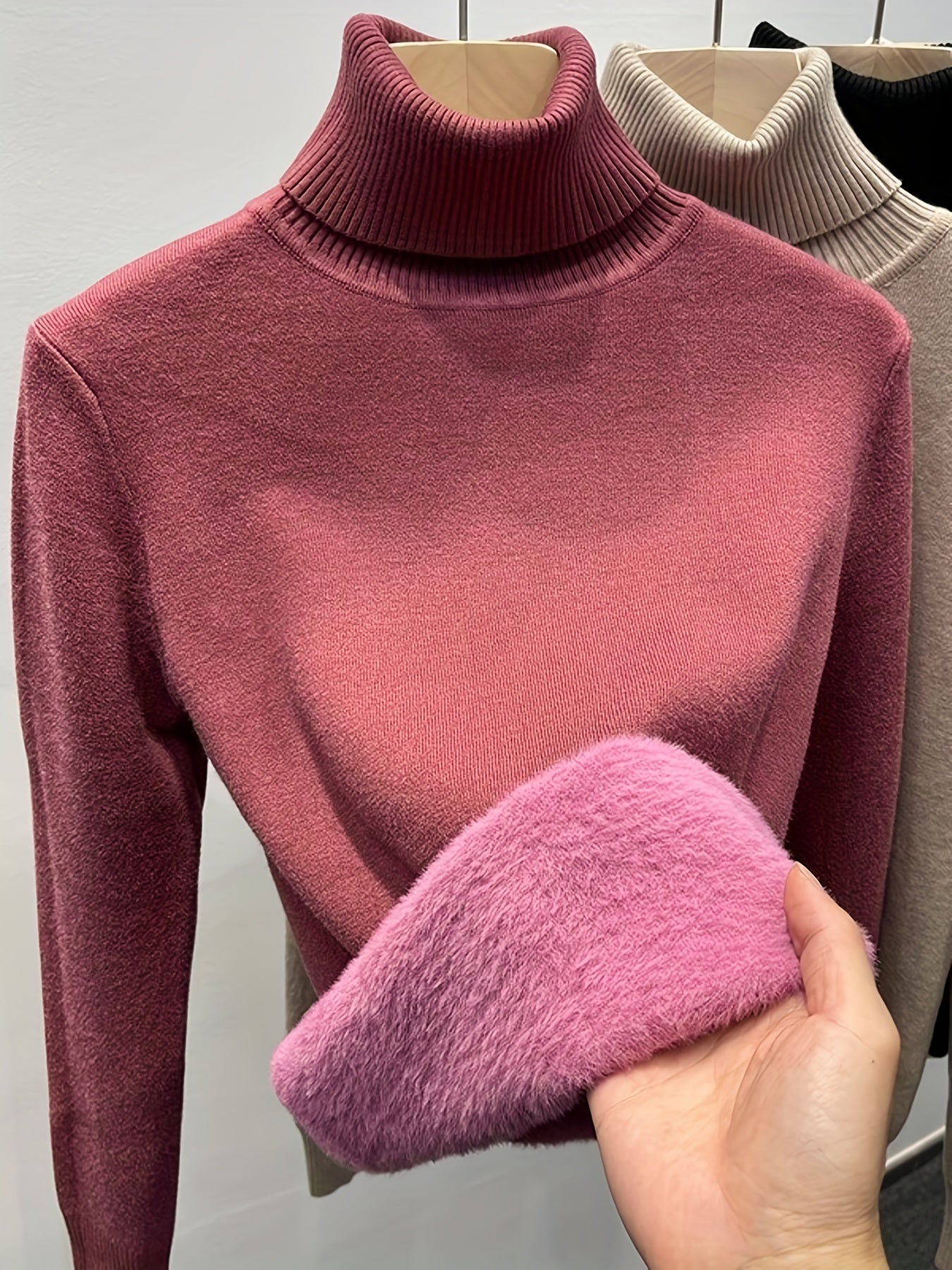 Antmvs Solid Turtle Neck Fleece Pullover Sweater, Elegant Long Sleeve Slim Thermal Sweater, Women's Clothing