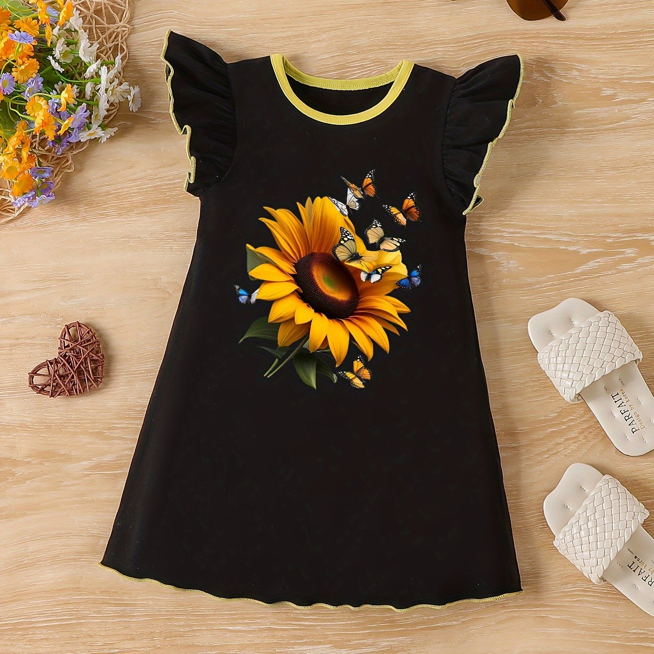 Sunflower & Butterfly Print Dress - Vibrant Sleeveless Crew Neck Ruffle Trim Cotton Dress for Summer, Perfect for Little Girls, Ideal Gift for Birthdays and Holidays, Part of Girls Casual Daily Wear Collection