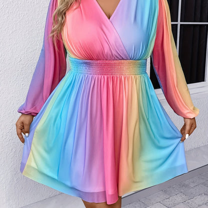 Antmvs Plus Size Casual Dress, Women's Plus Rainbow Color Contrast Mesh Long Sleeve Surplice Neck Shirred Waist Slight Stretch Layered Dress