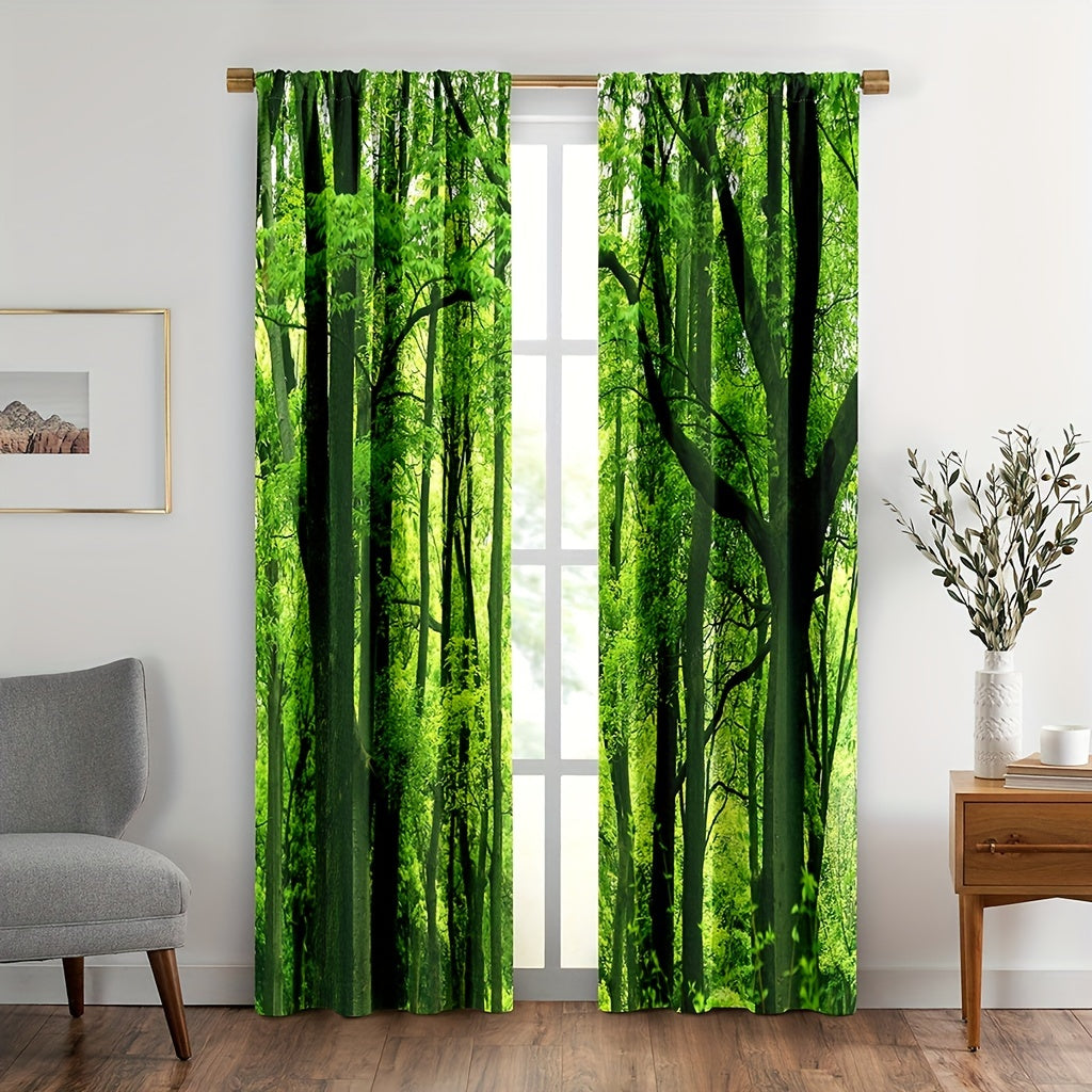 2pcs Forest Curtains Green Trees Jungle Branches Nature Scenery Decor Bedroom Living Room Rod Pocket Window Treatment For Living Room Home Decor