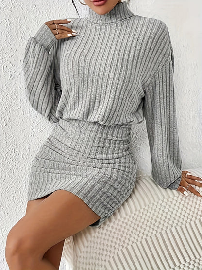 Antmvs Ribbed Knit Long Sleeve Dress, Elegant Turtle Neck Slim Ruched Dress, Women's Clothing