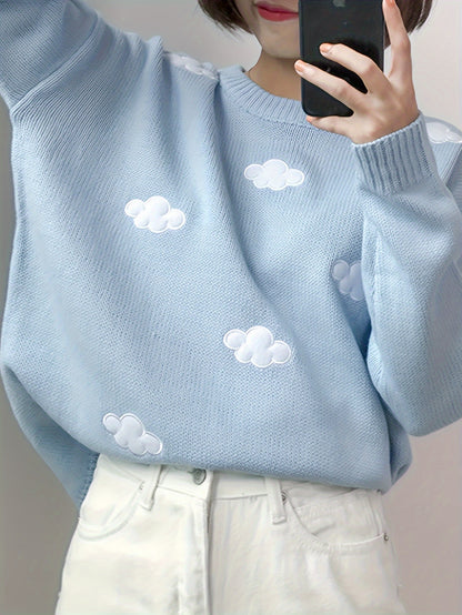 Antmvs Preppy Cloud Pattern Sweater, Long Sleeve Casual Cute Sweater For Winter & Fall, Women's Clothing