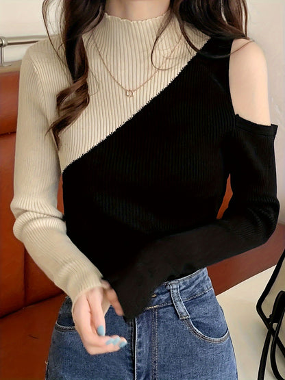 Antmvs Color Block Pullover Sweater, Casual Cold Shoulder Mock Neck Long Sleeve Top, Women's Clothing