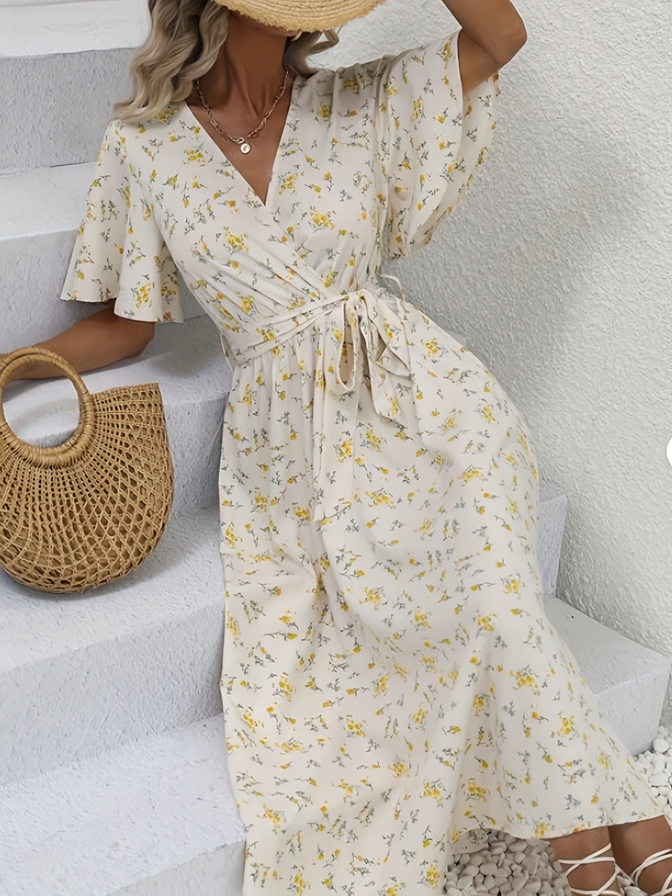 Antmvs Flutter Sleeve V Neck Belted Dress, Floral Print Short Sleeve Vacation Casual Dress For Summer & Spring, Women's Clothing