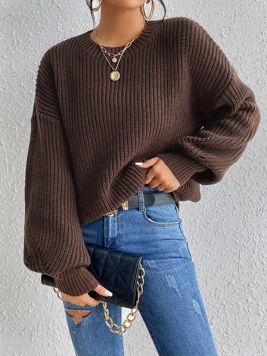 Antmvs Solid Crew Neck Pullover Sweater, Casual Long Sleeve Sweater For Fall & Winter, Women's Clothing