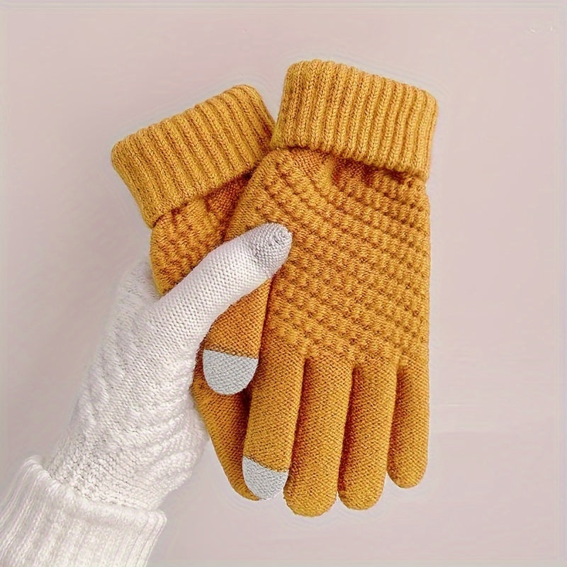 Unisex Winter Full Finger Knit Gloves, Touch Screen Thermal Gloves For Outdoor Cycling