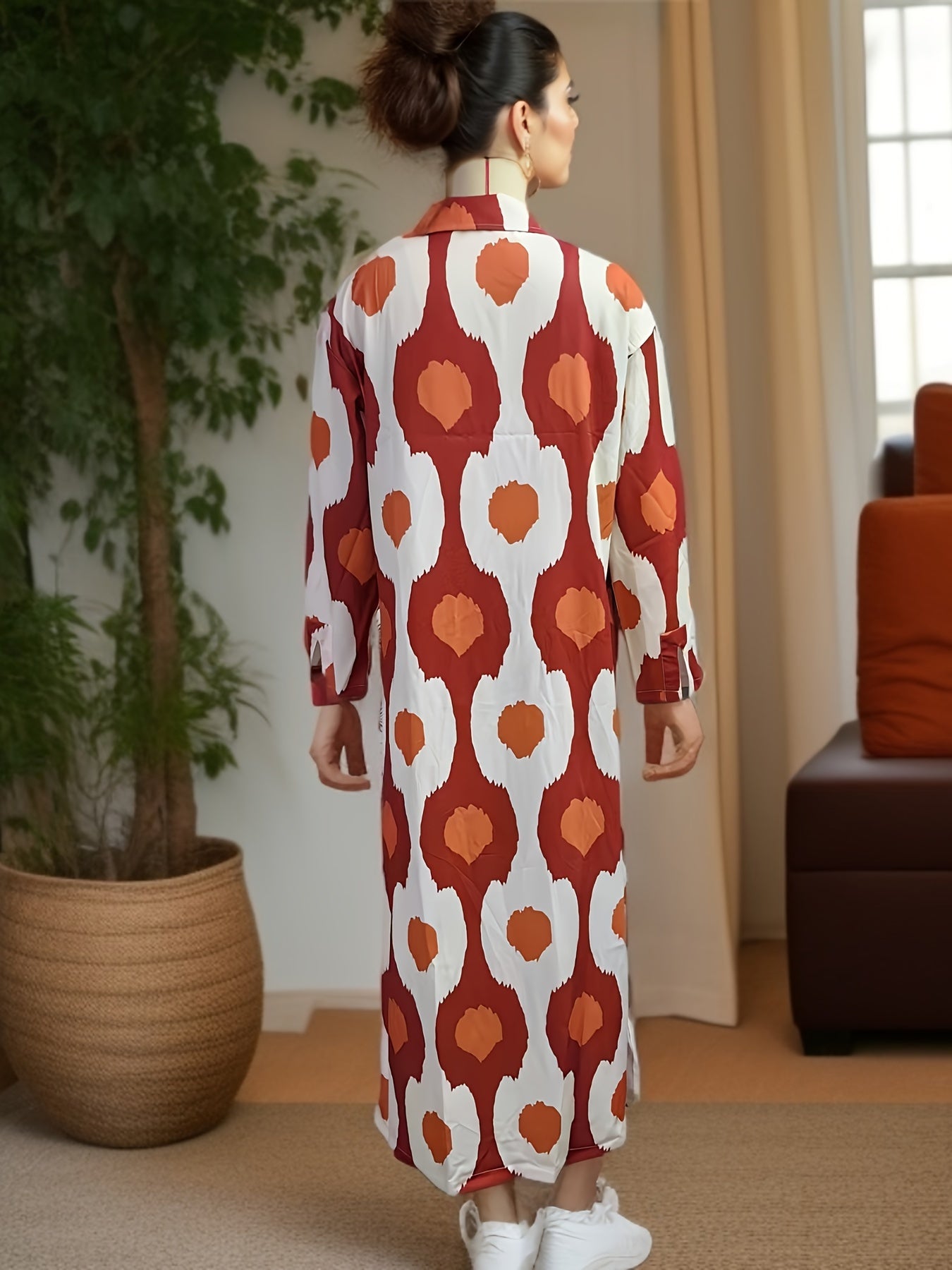 Antmvs Graphic Print Split Dress, Vintage V Neck Long Sleeve Maxi Dress, Women's Clothing
