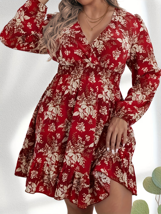 Antmvs Plus Size Boho Dress, Women's Plus Floral Print Lantern Sleeve Surplice Neck Shirred Waist Ruffle Hem Dress