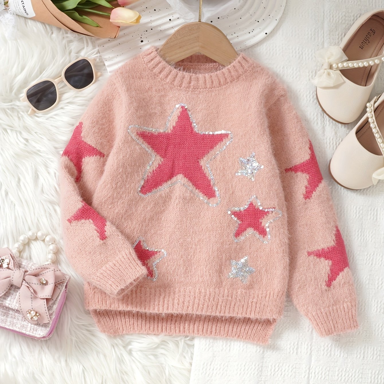 Sweet Stars Pattern Knit Sweater For Girls, Comfy Crew Neck Casual Jumper Top, Girls Spring/ Fall Clothing