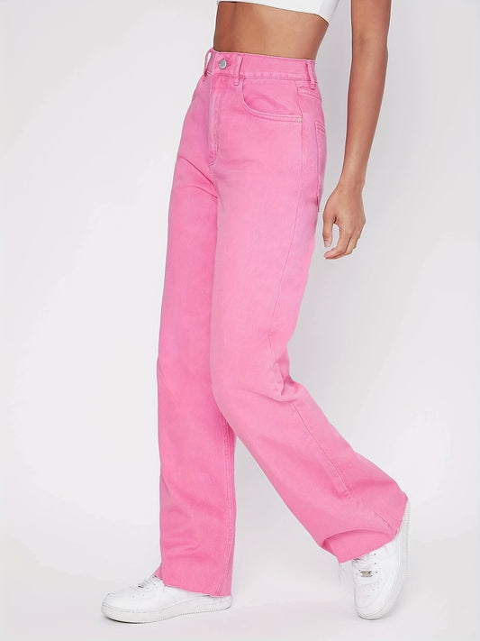 Antmvs Pink Raw Cut Straight Jeans, Loose Fit High Rise Slant Pockets Denim Pants, Women's Denim Jeans & Clothing