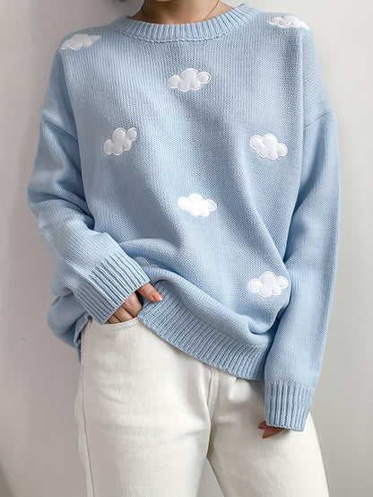 Antmvs Preppy Cloud Pattern Sweater, Long Sleeve Casual Cute Sweater For Winter & Fall, Women's Clothing