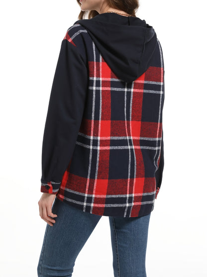 Antmvs Plaid Print Hooded Jacket, Casual Button Front Long Sleeve Outerwear, Women's Clothing