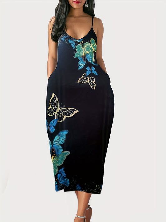 Antmvs Plus Size Casual Dress, Women's Plus Butterfly Print V Neck Slight Stretch Cami Maxi Dress