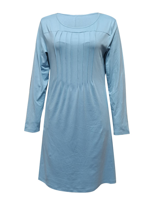 Antmvs Tucked Solid Dress, Casual Crew Neck Long Sleeve Dress, Women's Clothing