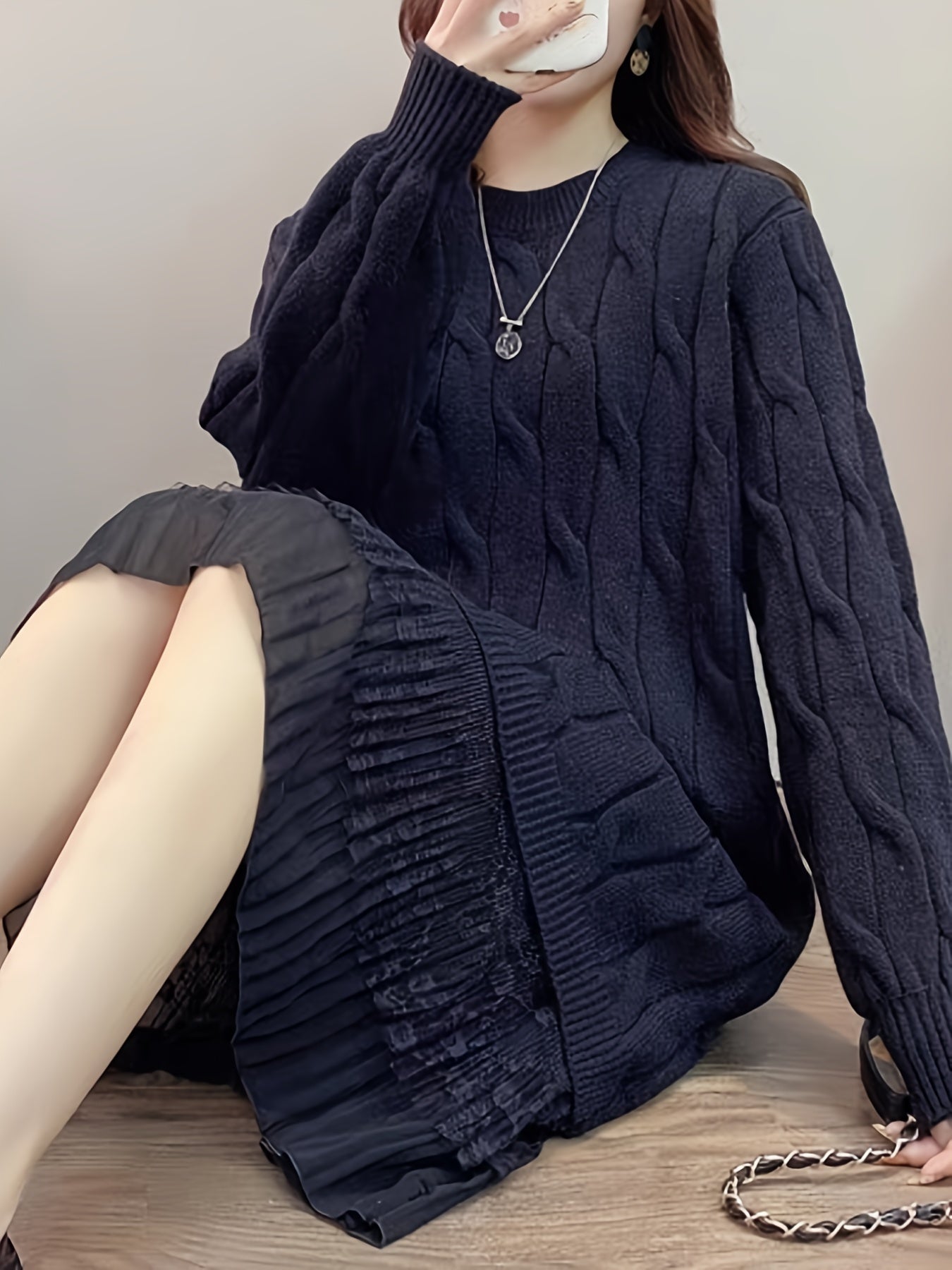 Antmvs Ladies Crew Neck Loose Sweater Dress, Solid Long Sleeve Sweater Dress, Casual Sweater Dress For Fall & Winter, Women's Clothing