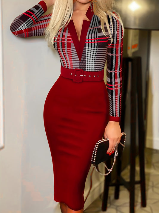 Antmvs Plaid V-neck Splicing Belted Dress, Elegant Color Block Bodycon Long Sleeve Dress, Women's Clothing