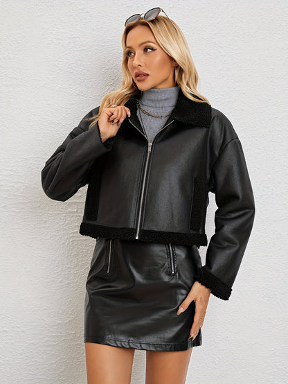 Antmvs Solid Faux Fur Decor Jacket, Versatile Zipper Drop Shoulder Jacket, Women's Clothing