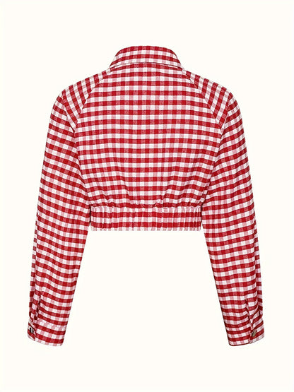 Antmvs Plaid Button Down Crop Jacket, Casual Lapel Collar Long Sleeve Outwear, Women's Clothing