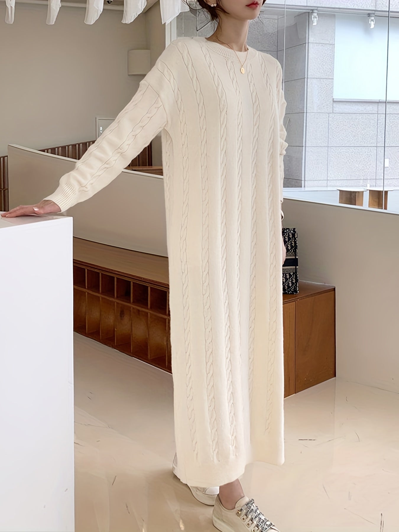 Antmvs Split Cable Knit Dress, Elegant Solid Long Sleeve Maxi Dress, Women's Clothing