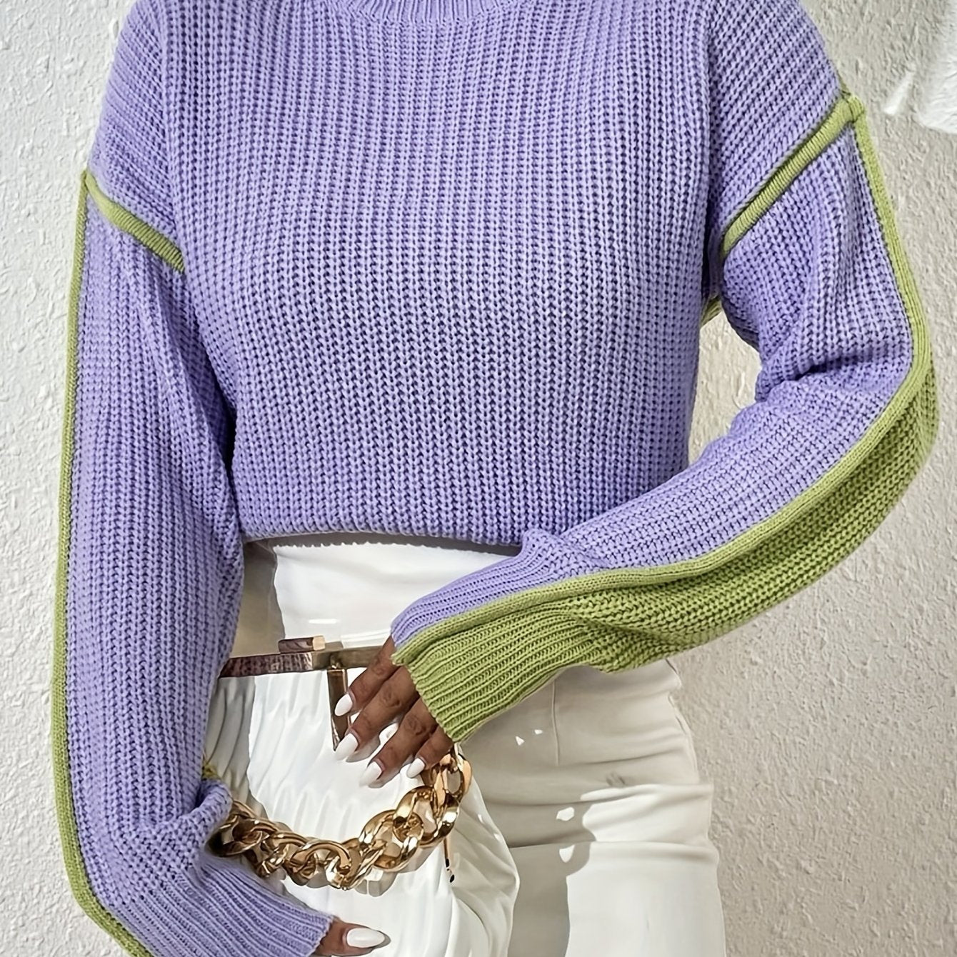 Antmvs Color Block Knit Sweater, Casual High Neck Long Sleeve Sweater, Women's Clothing