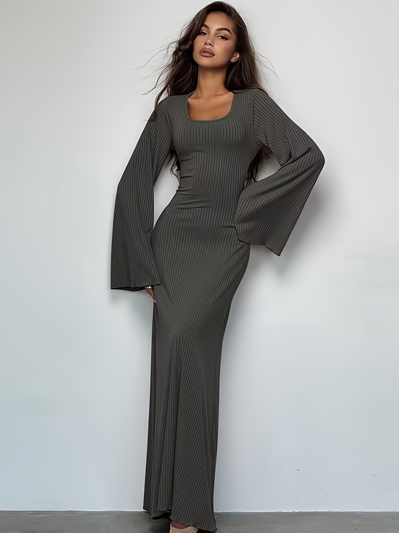 Antmvs Solid Flared Long Sleeve Dress, Casual Squared Neck Maxi Dress, Women's Clothing