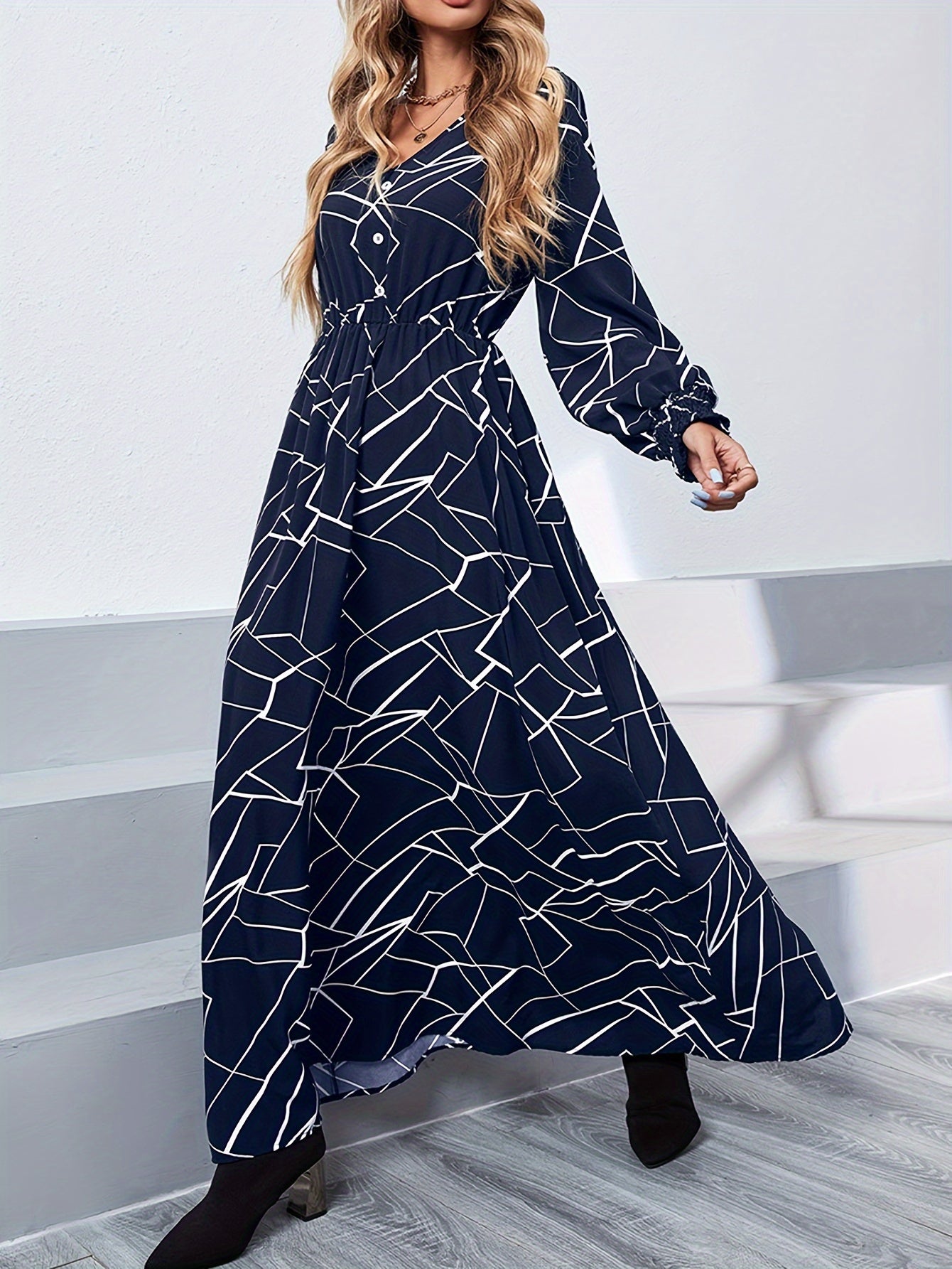 Antmvs Abstract Print Shirred V-neck Dress, Elegant Button Long Sleeve High-waist Dress For Every Day, Women's Clothing