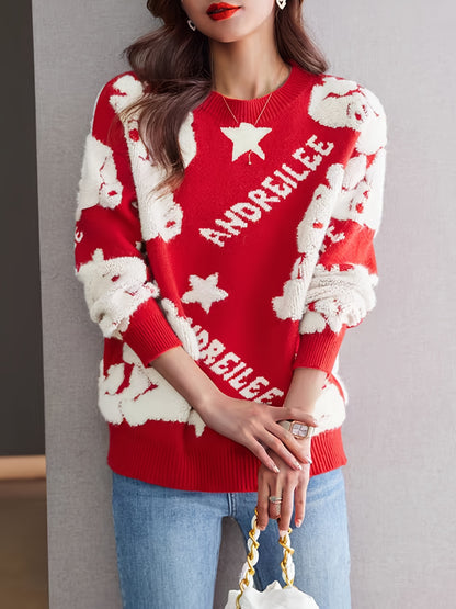 Antmvs Cartoon Dragon Pattern Pullover Sweater, Casual Crew Neck Long Sleeve Thick Sweater, Women's Clothing