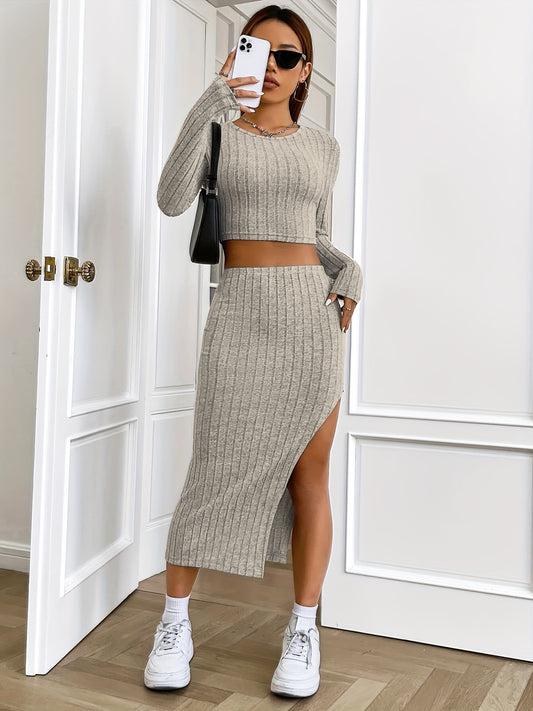 Antmvs Rib Knit Solid Two-piece Set, Cropped Long Sleeve Tops & Split Thigh Sexy Skirts Outfits, Women's Clothing