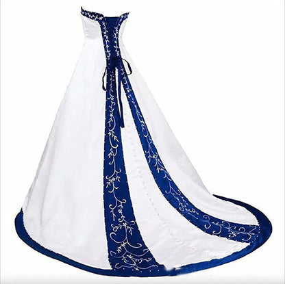 Royal Blue And White A Line Wedding Dress  Princess Satin Lace up Back Court Train Long Wedding Gowns