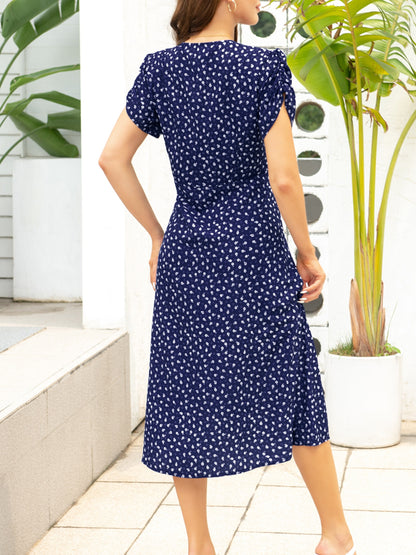 Antmvs Floral Print Button Dress, Elegant V Neck Short Sleeve Dress, Women's Clothing