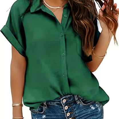 Antmvs  Solid Button Front Shirt, Casual Turn Down Collar Short Sleeve Shirts, Women's Clothing