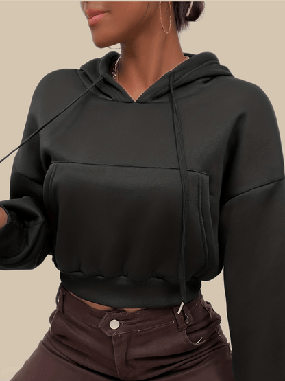 Antmvs Solid Kangaroo Pocket Crop Hoodie, Casual Long Sleeve Drawstring Hoodies Sweatshirt, Women's Clothing