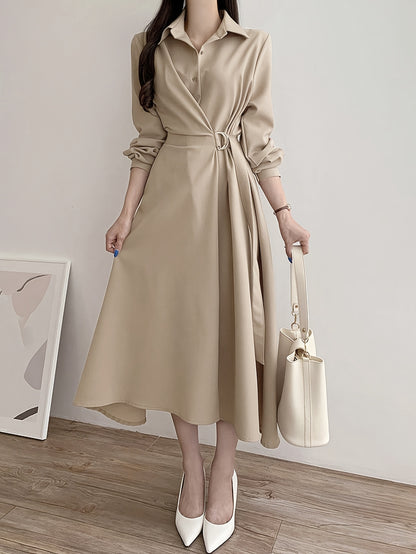 Antmvs A-line Button Front Dress, Elegant Long Sleeve Dress For Spring & Fall, Women's Clothing