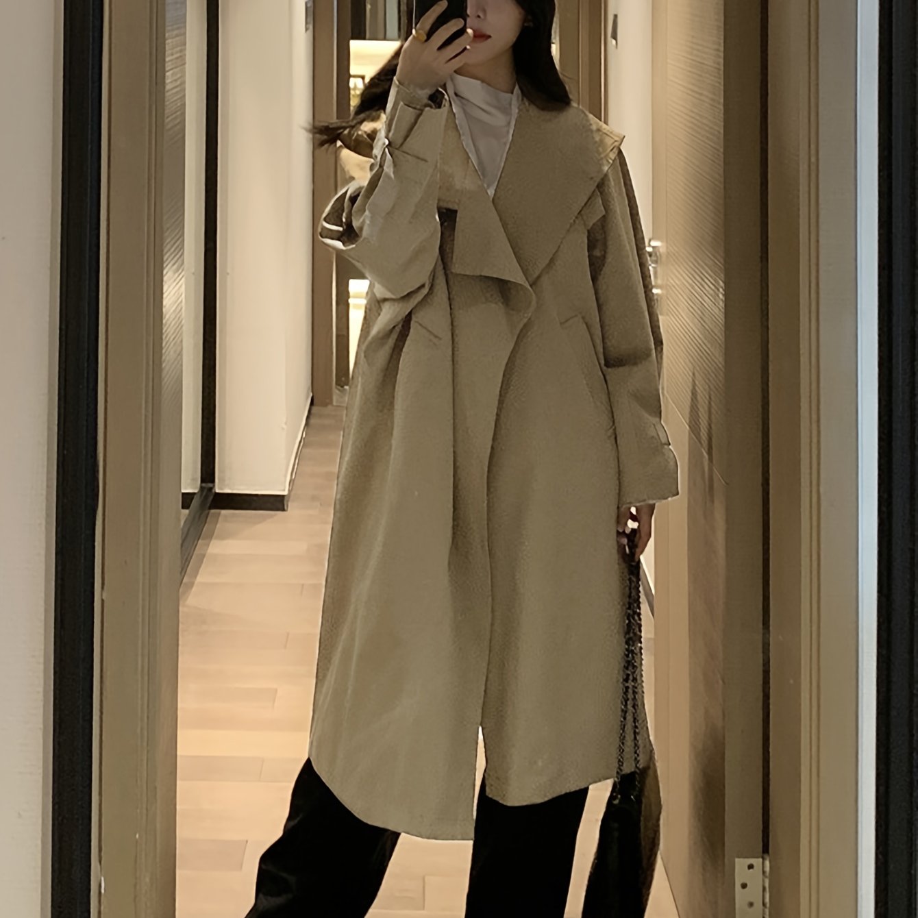 Antmvs Solid Open Front Trench Coat, Casual Long Sleeve Long Length Outwear, Women's Clothing