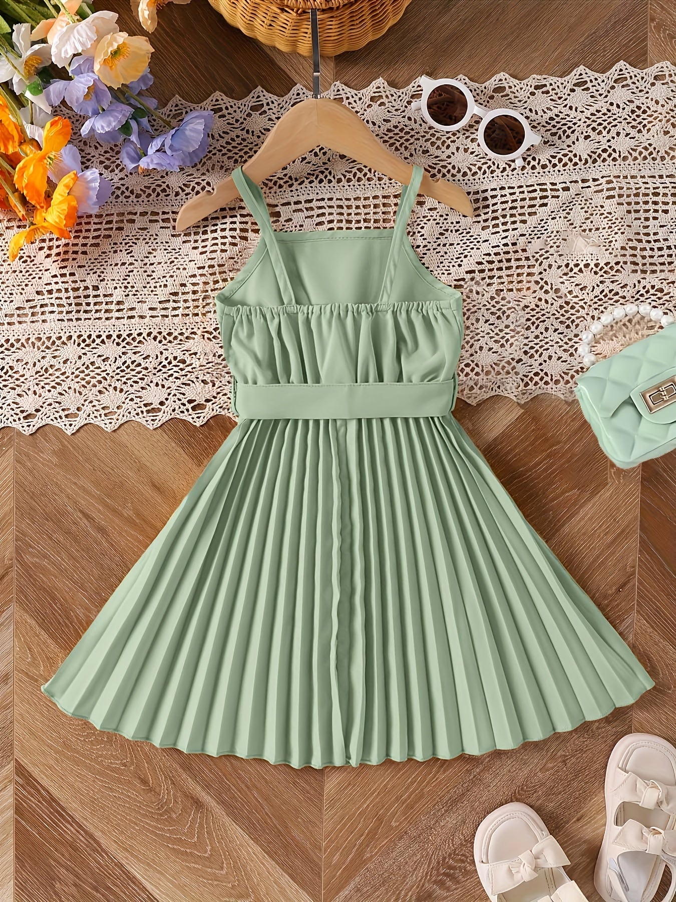 Girls' Elegant Smocked Dress - Charming Bow Belt Detail - Perfect for Summer Parties & Outdoor Events - Chic Sleeveless Cami Style