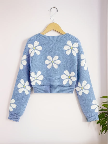 Antmvs Floral Jacquard Girls Drop Shoulder V-neck Knitted Sweater For Fall Winter