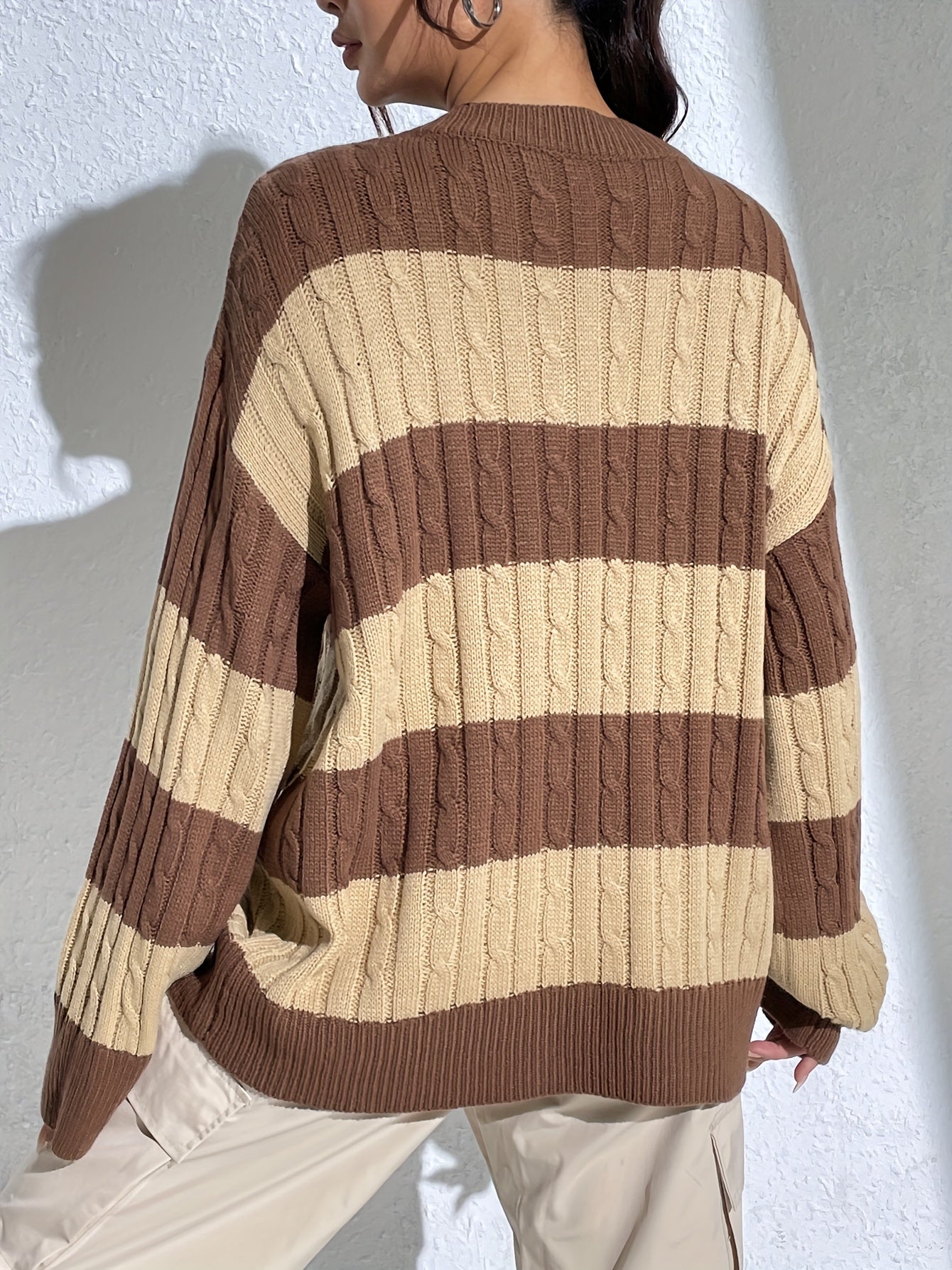 Antmvs Color Block V Neck Cable Knit Sweater, Casual Long Sleeve Drop Shoulder Sweater, Women's Clothing