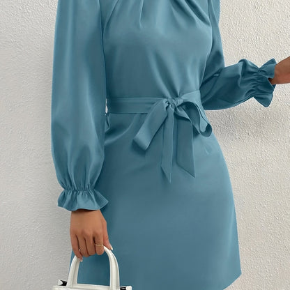 Antmvs Tucked Solid Dress, Elegant Mock Neck Lantern Sleeve Dress, Women's Clothing