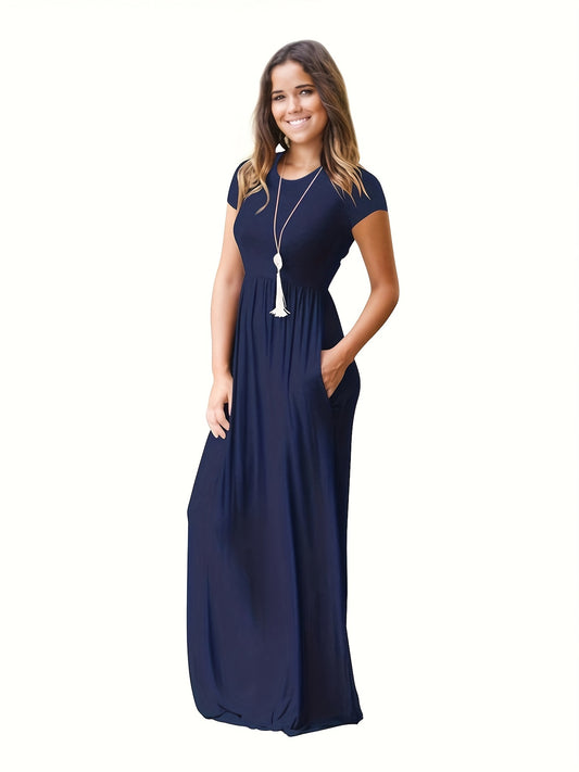 Antmvs Pleated Maxi Dress, Casual Crew Neck Short Sleeve Dress With Pockets, Women's Clothing