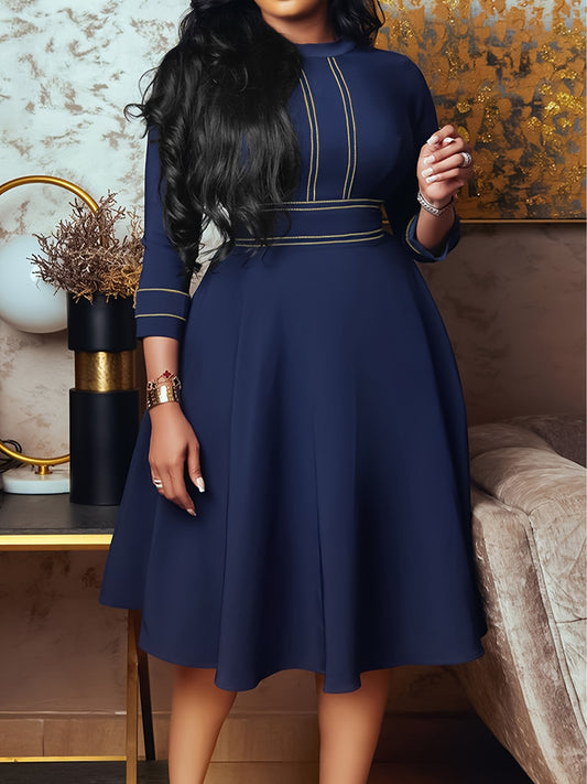 Antmvs Plus Size Elegant Dress, Women's Plus Contrast Binding Long Sleeve Stand Collar A-line Dress