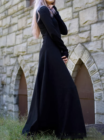 Antmvs Plus Size Gothic Dress, Women's Plus Solid Long Sleeve Round Neck Slight Stretch Maxi Dress
