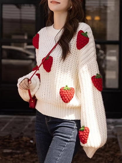 Antmvs Women's Strawberry Print Crew Neck Crochet Knit Tops, Cute Fall Winter Pullover Sweaters, Women's Clothing