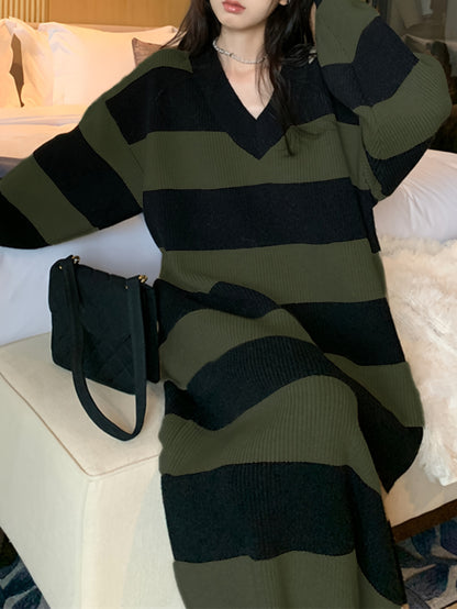 Antmvs Striped Drop Shoulder Sweater Dress, Casual V Neck Long Sleeve Maxi Dress, Women's Clothing