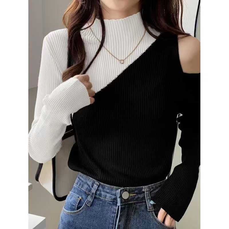 Antmvs Color Block Pullover Sweater, Casual Cold Shoulder Mock Neck Long Sleeve Top, Women's Clothing