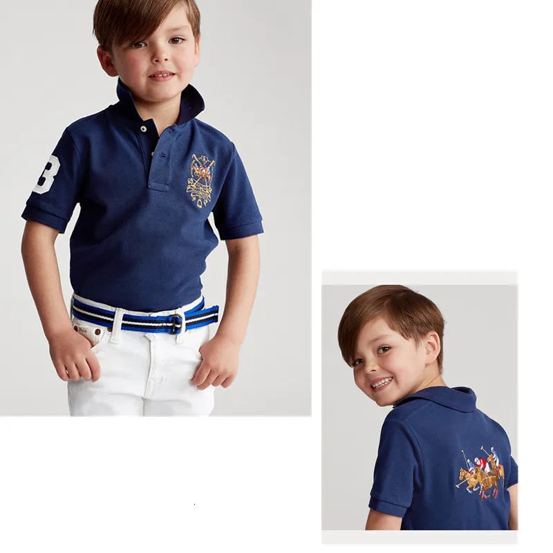 Polos Solid Lapel Polo Top Children's Wear Short Sleeve Big Shirt Cotton Embroidered Homme Kids Casual Clothes 230628