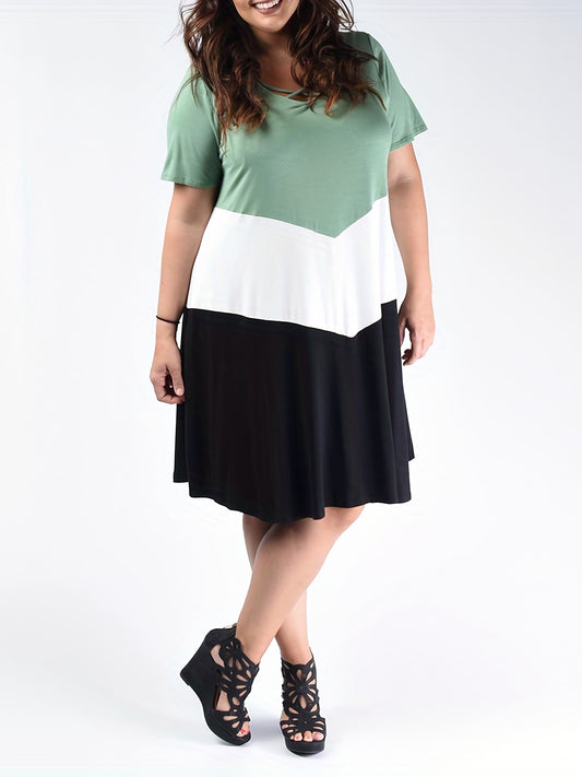 Antmvs Plus Size Casual Dress, Women's Plus Colorblock Short Sleeve V Neck Medium Stretch Dress