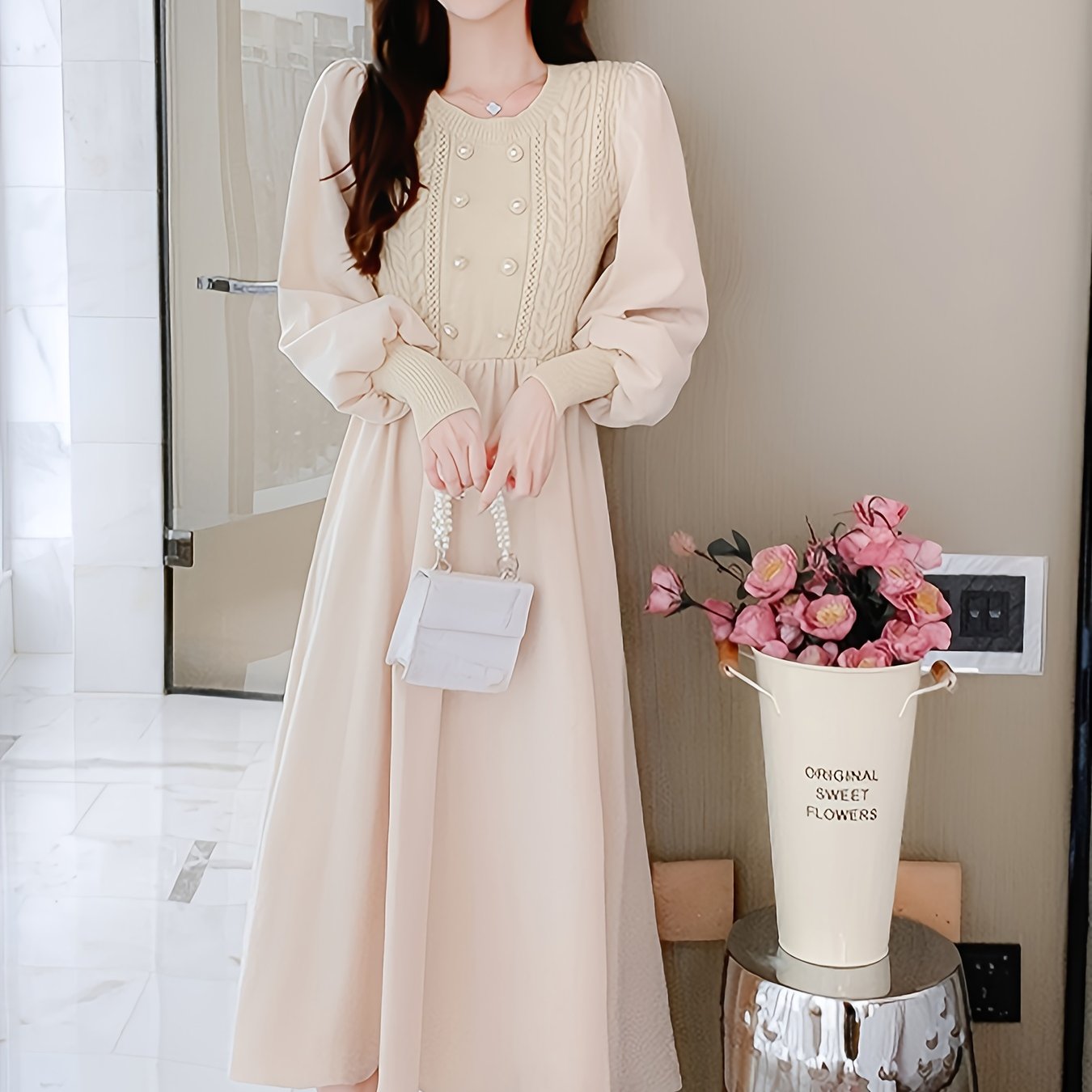 Antmvs Crew Neck Knitted Maxi Dress, Elegant Solid Color Button Long Sleeve Sweater A-line Dress For Fall & Winter, Women's Clothing