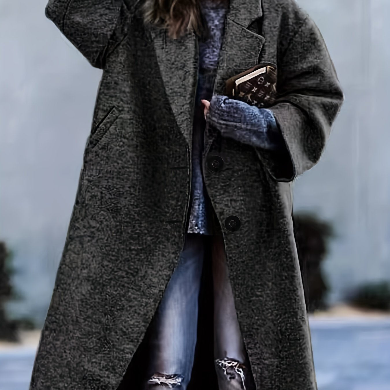 Antmvs Plus Size Casual Coat, Women's Plus Solid Button Up Long Sleeve Lapel Collar Long Coat